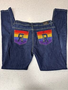 Rocawear Vintage Dark Blue Skinny Jeans with Rainbow Pocket Embroidery Size 11